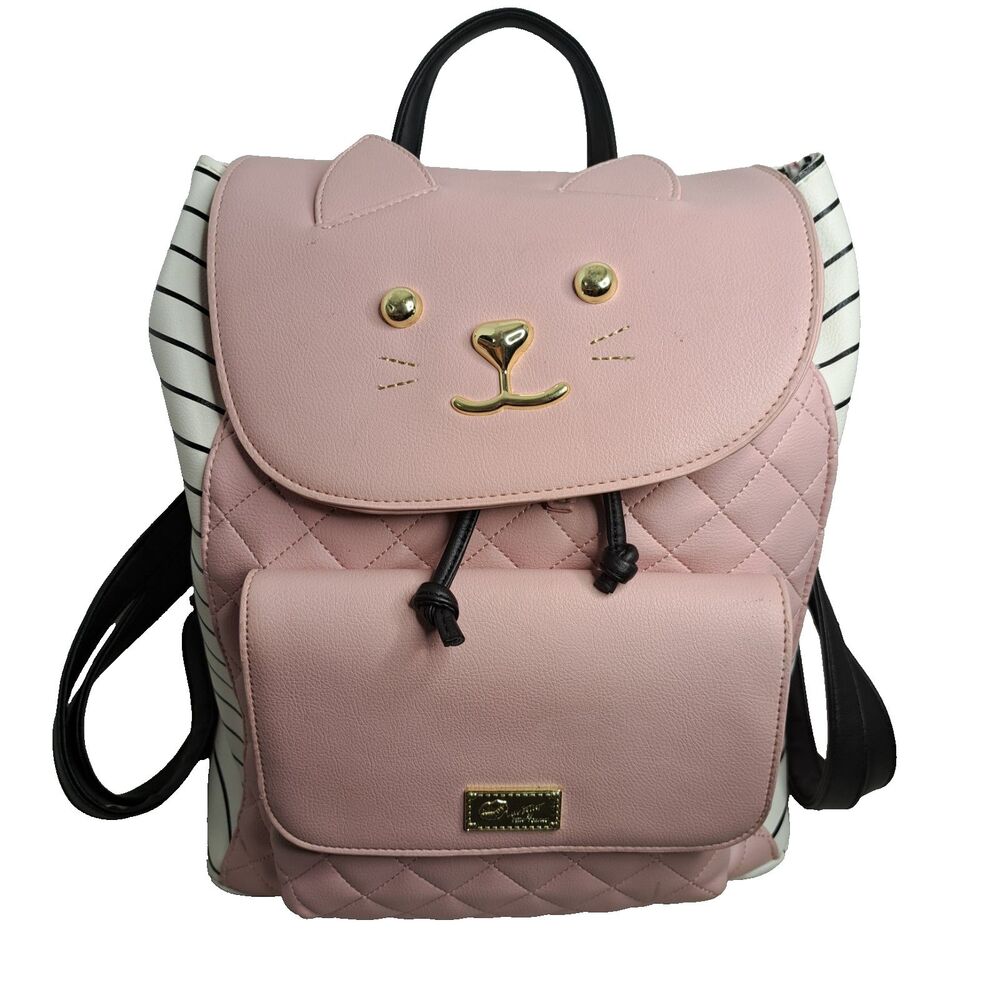 Luv Betsey by Betsey Johnson Cat Face Quilted Pink Backpack Striped 13"x13"x5"